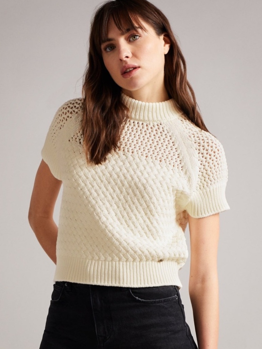 Ted Baker Stena openstitch short sleeve bottom top cream size Large